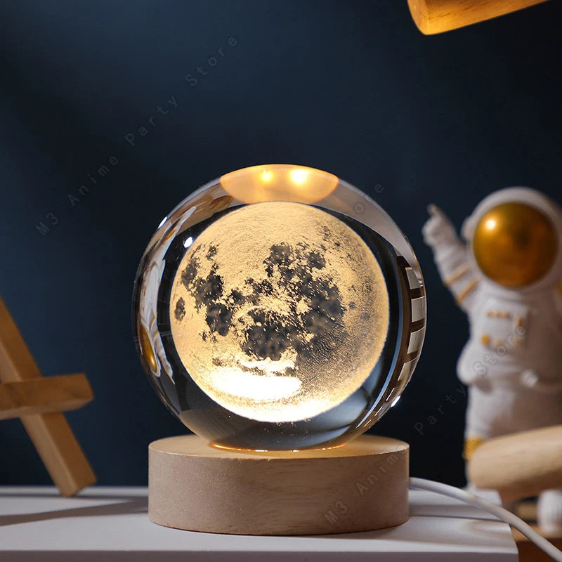 Luz Noturna LED 3D com Bola de Cristal – Galáxia, Sitema Solar, Saturno e Lua