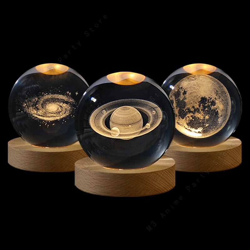 Luz Noturna LED 3D com Bola de Cristal – Galáxia, Sitema Solar, Saturno e Lua