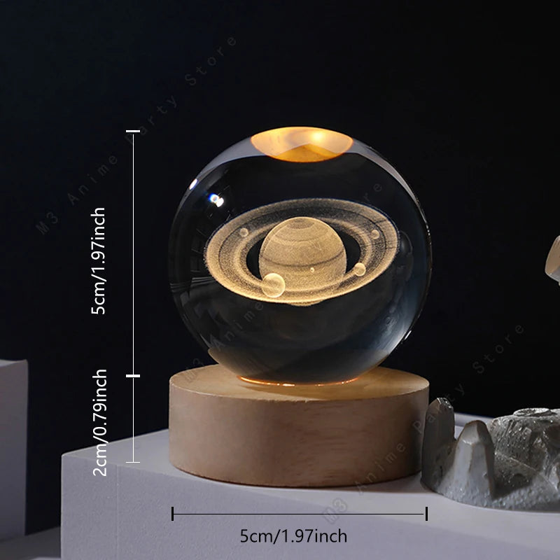 Luz Noturna LED 3D com Bola de Cristal – Galáxia, Sitema Solar, Saturno e Lua