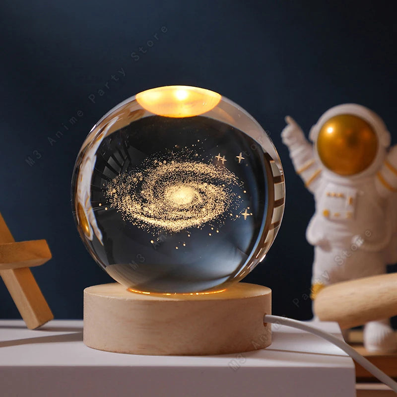 Luz Noturna LED 3D com Bola de Cristal – Galáxia, Sitema Solar, Saturno e Lua
