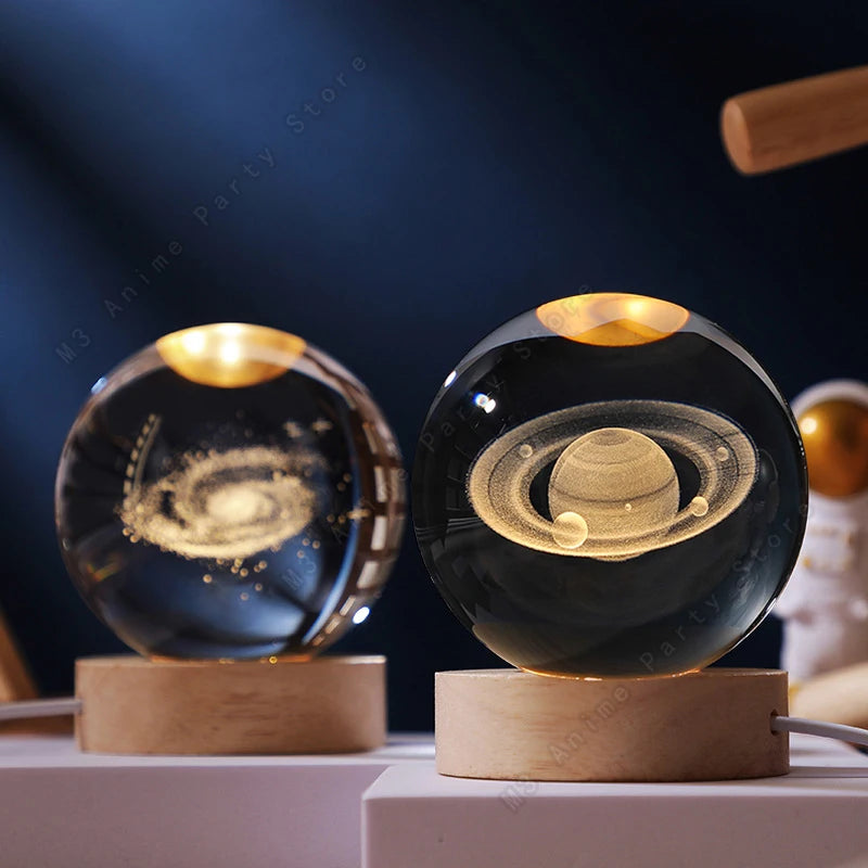 Luz Noturna LED 3D com Bola de Cristal – Galáxia, Sitema Solar, Saturno e Lua