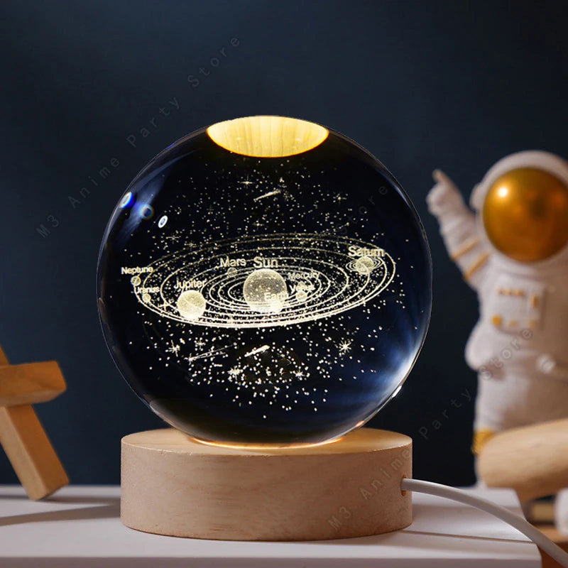 Luz Noturna LED 3D com Bola de Cristal – Galáxia, Sitema Solar, Saturno e Lua