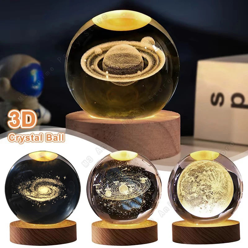 Luz Noturna LED 3D com Bola de Cristal – Galáxia, Sitema Solar, Saturno e Lua