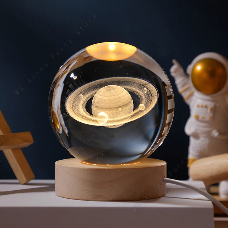 Luz Noturna LED 3D com Bola de Cristal – Galáxia, Sitema Solar, Saturno e Lua